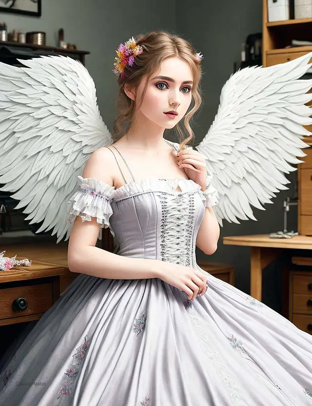 fancy formal dress converted to angel cosplay with wings