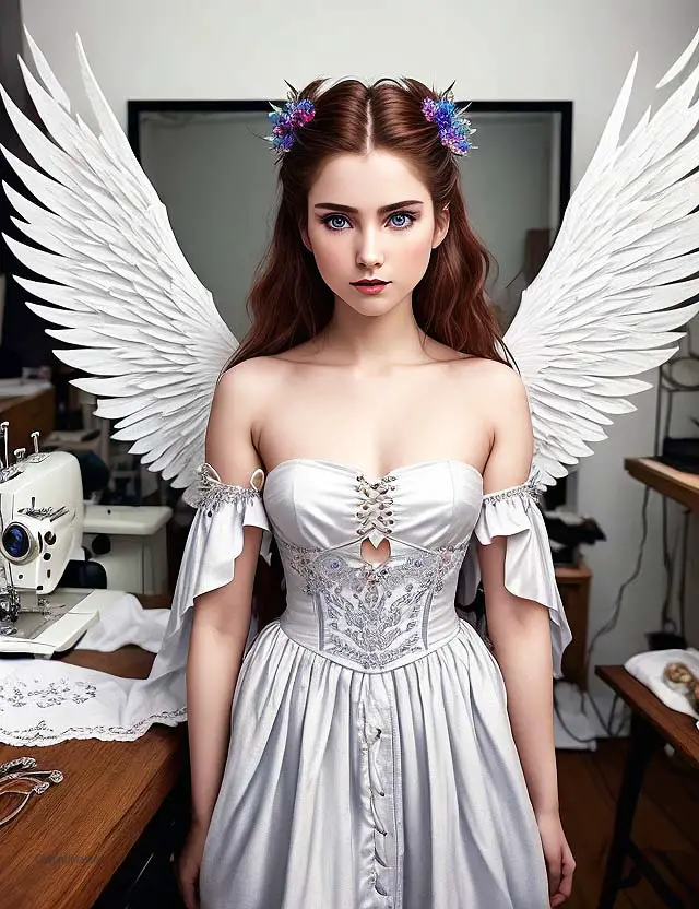 girl converting prom dress to cosplay angel outfit with wings