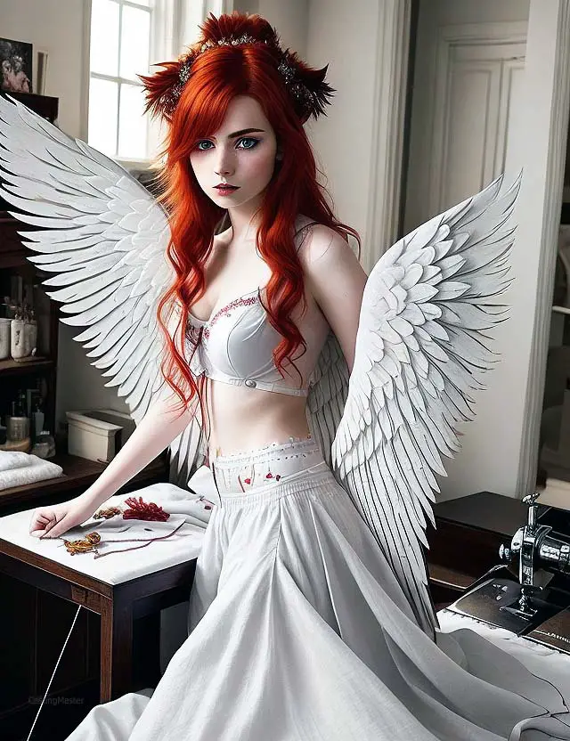 girl working on her cosplay outfit wings and top