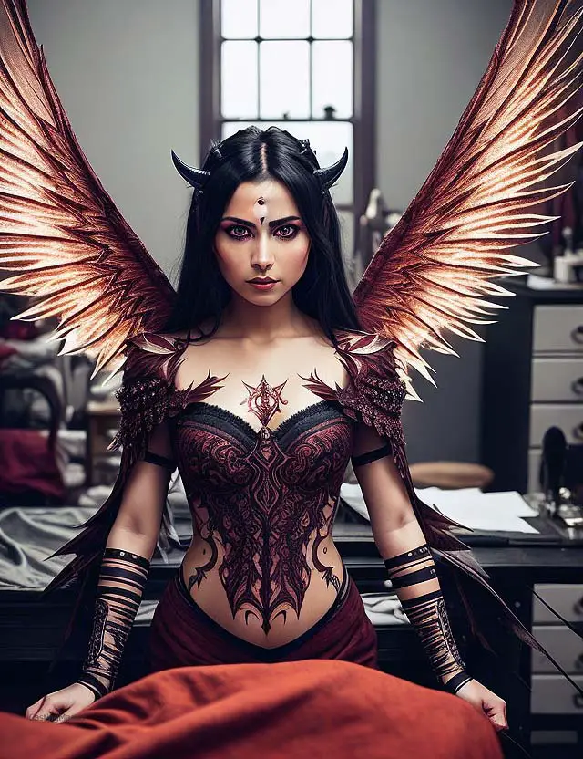 cosplay in full face paint demon with wings and horns and tattoos