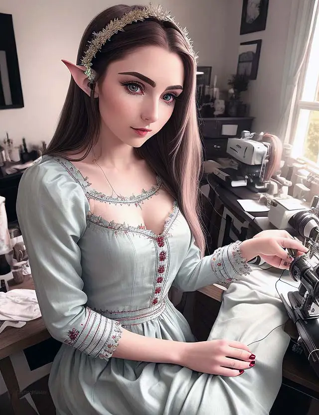 elf creating a cosplay costume with a sewing machine