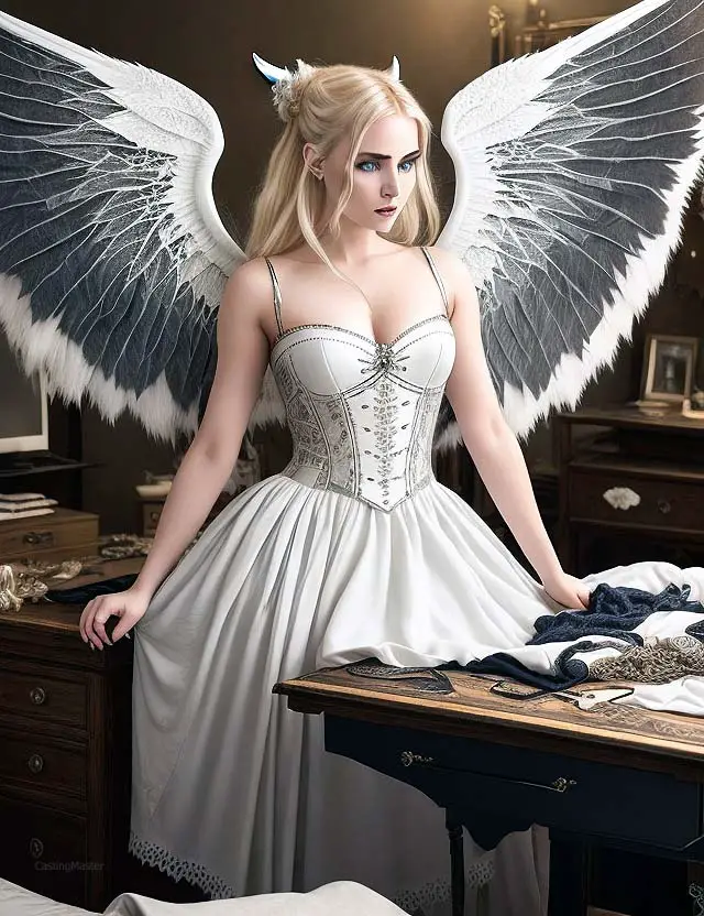 woman dressed as angel cosplay with large foam wings