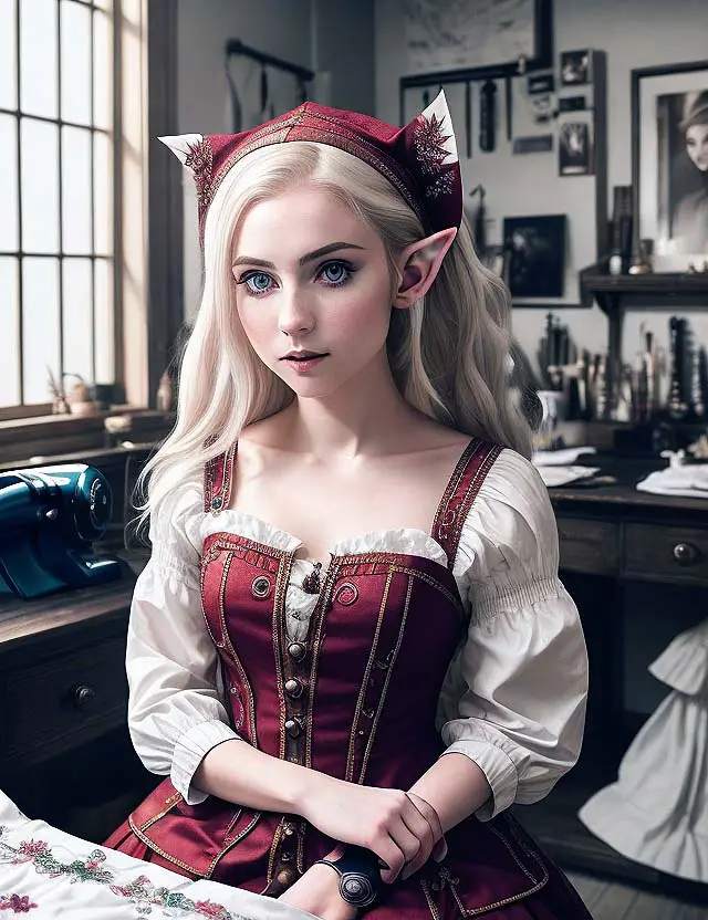 cosplay elf with ears in workshop and red dress