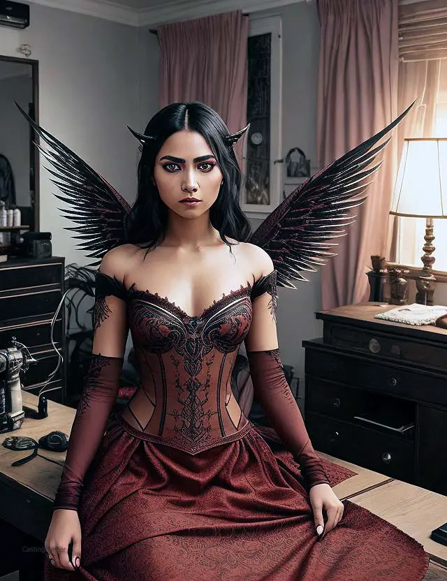woman dressed as cosplay demon with wings and horns