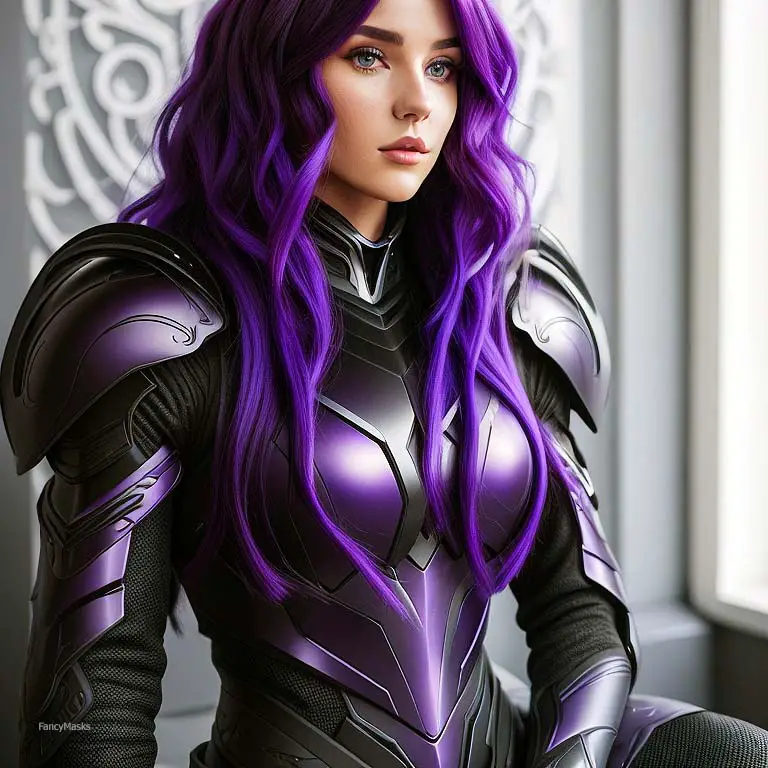 black cosplay armor worn by girl with purple hair