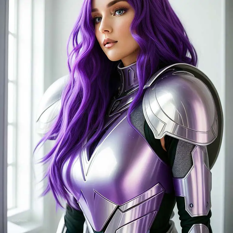 girl in eva foam armor with purple hair