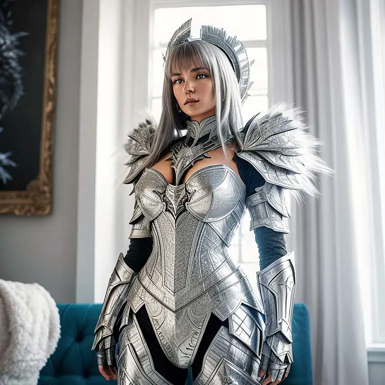 girl wearing cosplay armor with feather