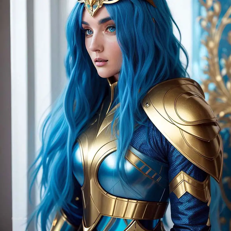 girl wearing gold and blue cosplay armor