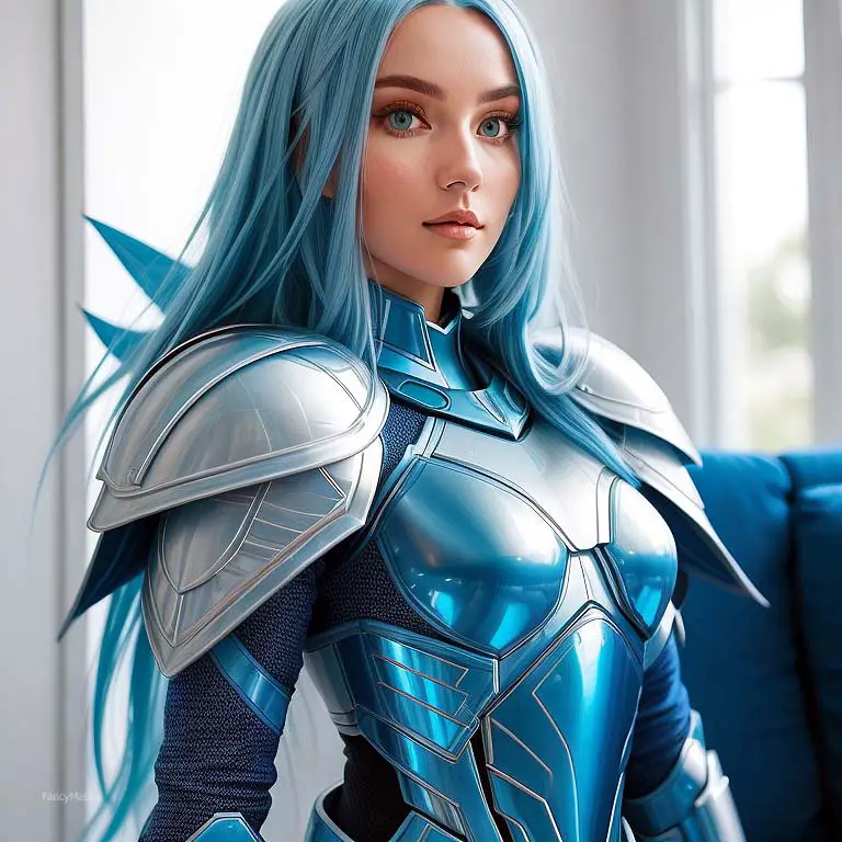 girl wearing silver and blue cosplay armor