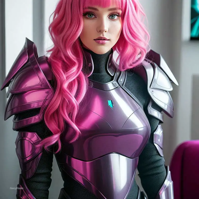 girl with pink hair wearing metalic pink cosplay armo