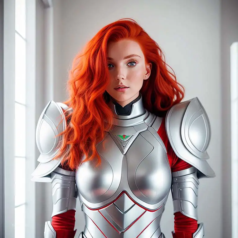 red haired girl wearing asymmetric cosplay armor